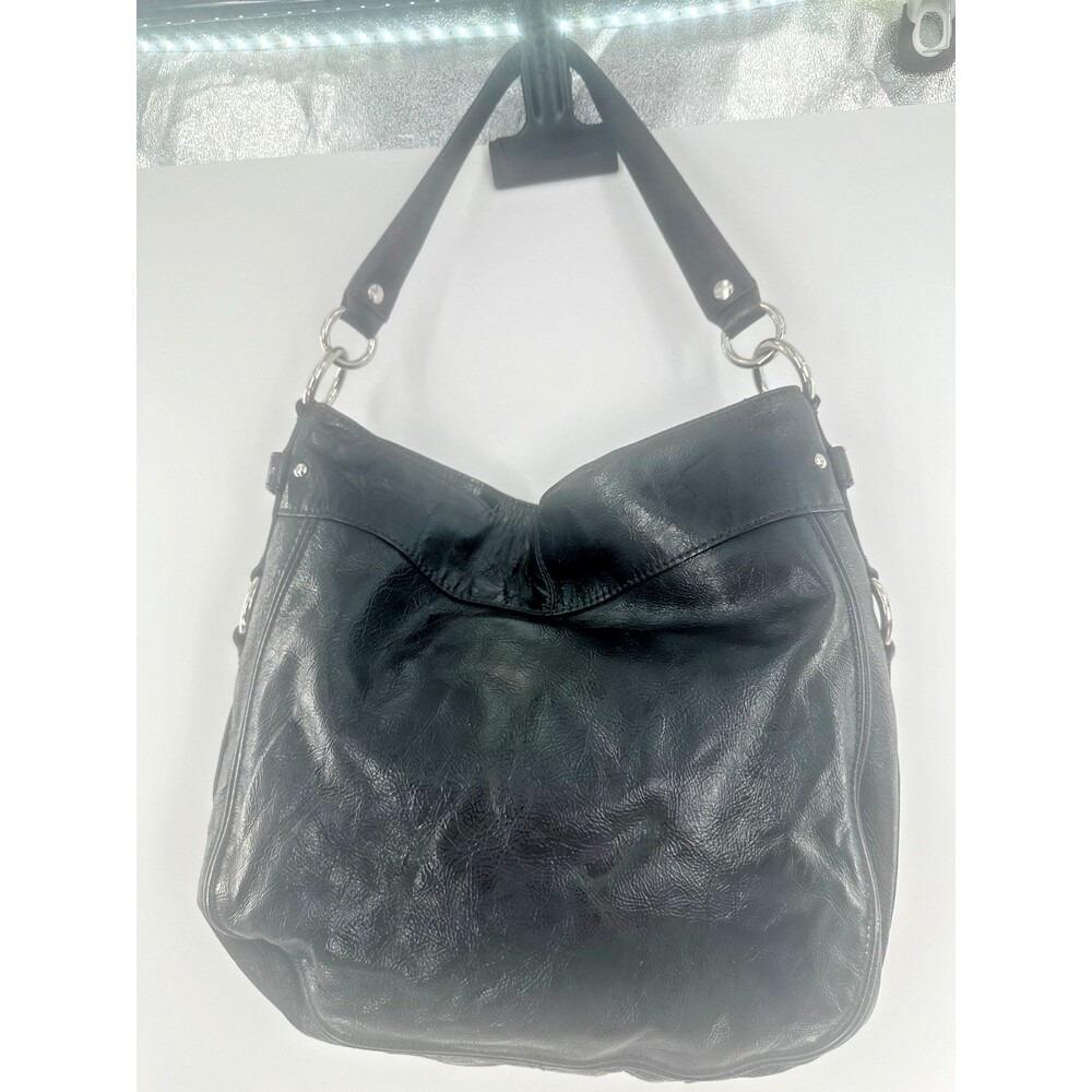 Coach Ashley Crinkled Patent Leather Large Hobo Bag Black F15471 Purple Lining